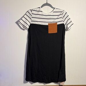 Striped Black and White Dress with Brown Pocket